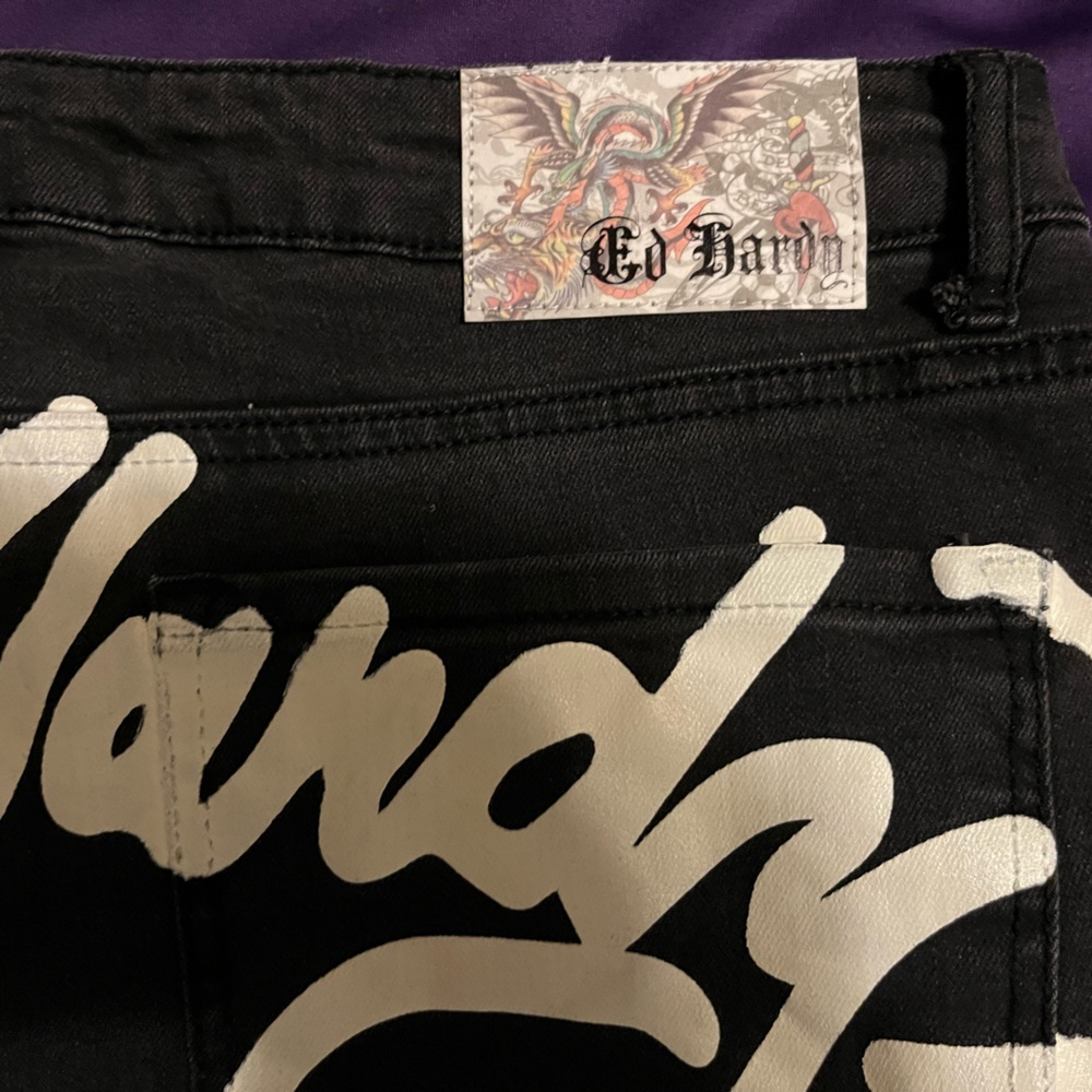 NWT ED HARDY Women's Love Kills Slowly Black Denim Jeans 30 Wide Leg Embroidered - Picture 4 of 4